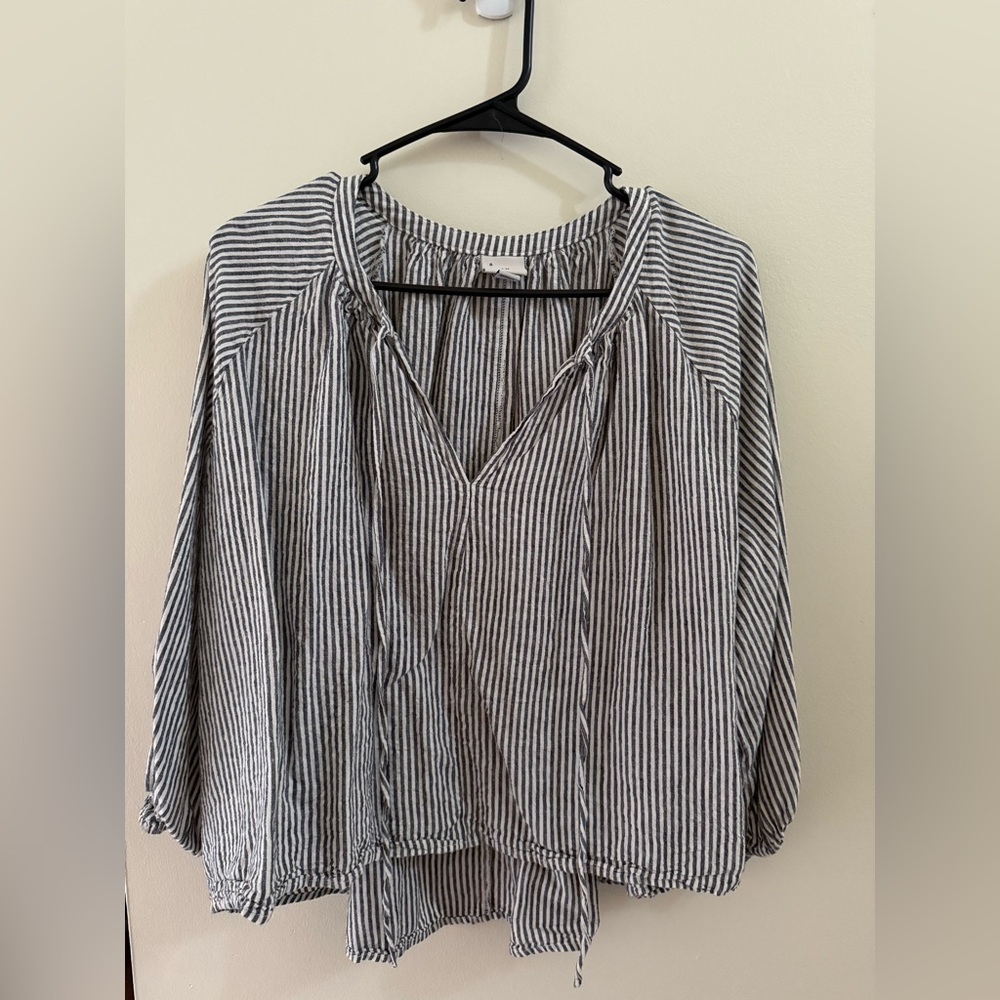 a new day Blue and White Striped V-Neck Peasant Blouse